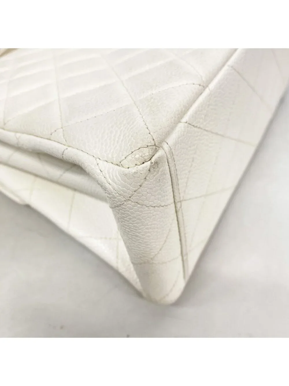 Chanel Shoulder Bag Quilted Caviar Leather White Gold